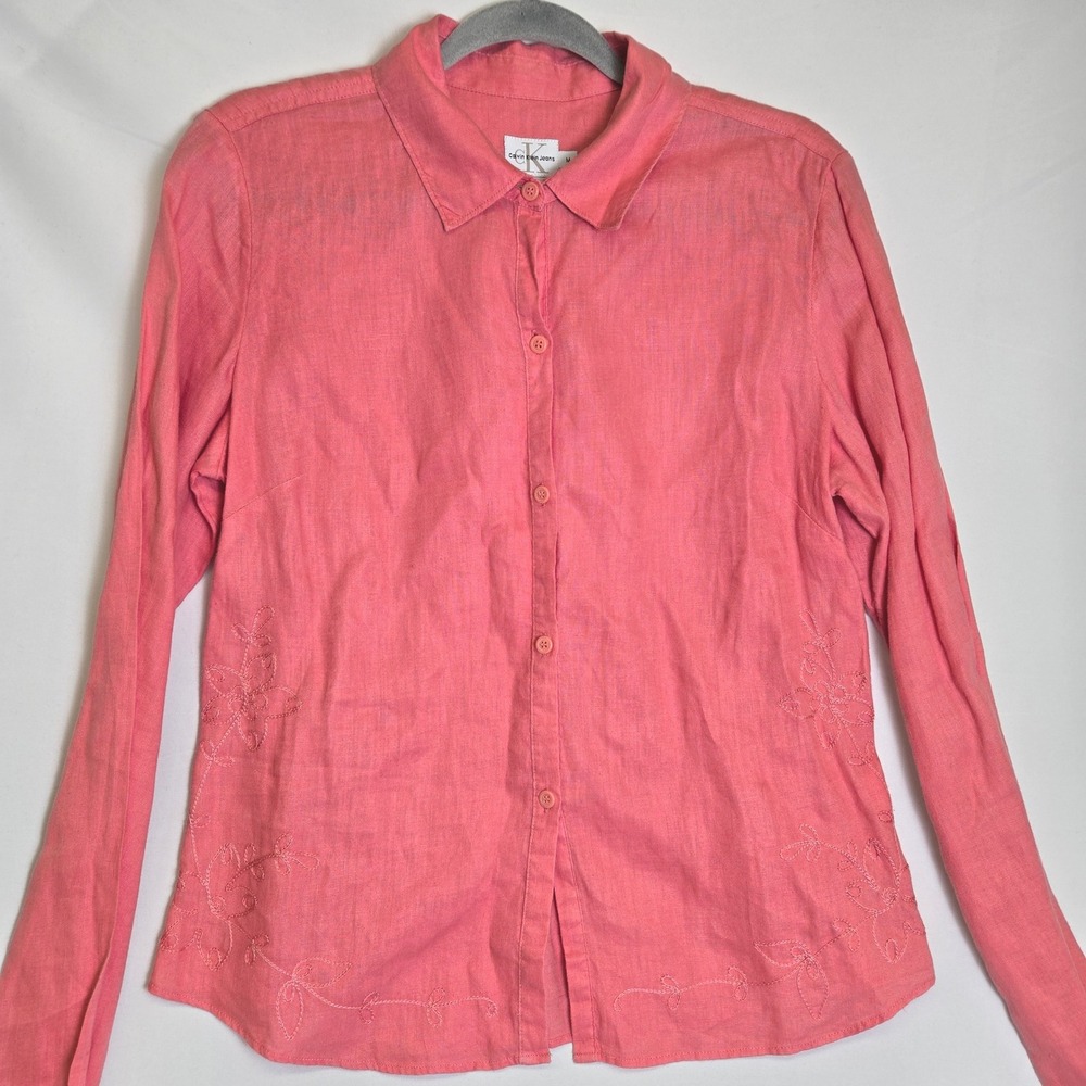 Calvin Klein‎ Jeans Flax Long Sleeve Embroidered Button Down Shirt Pink Medium